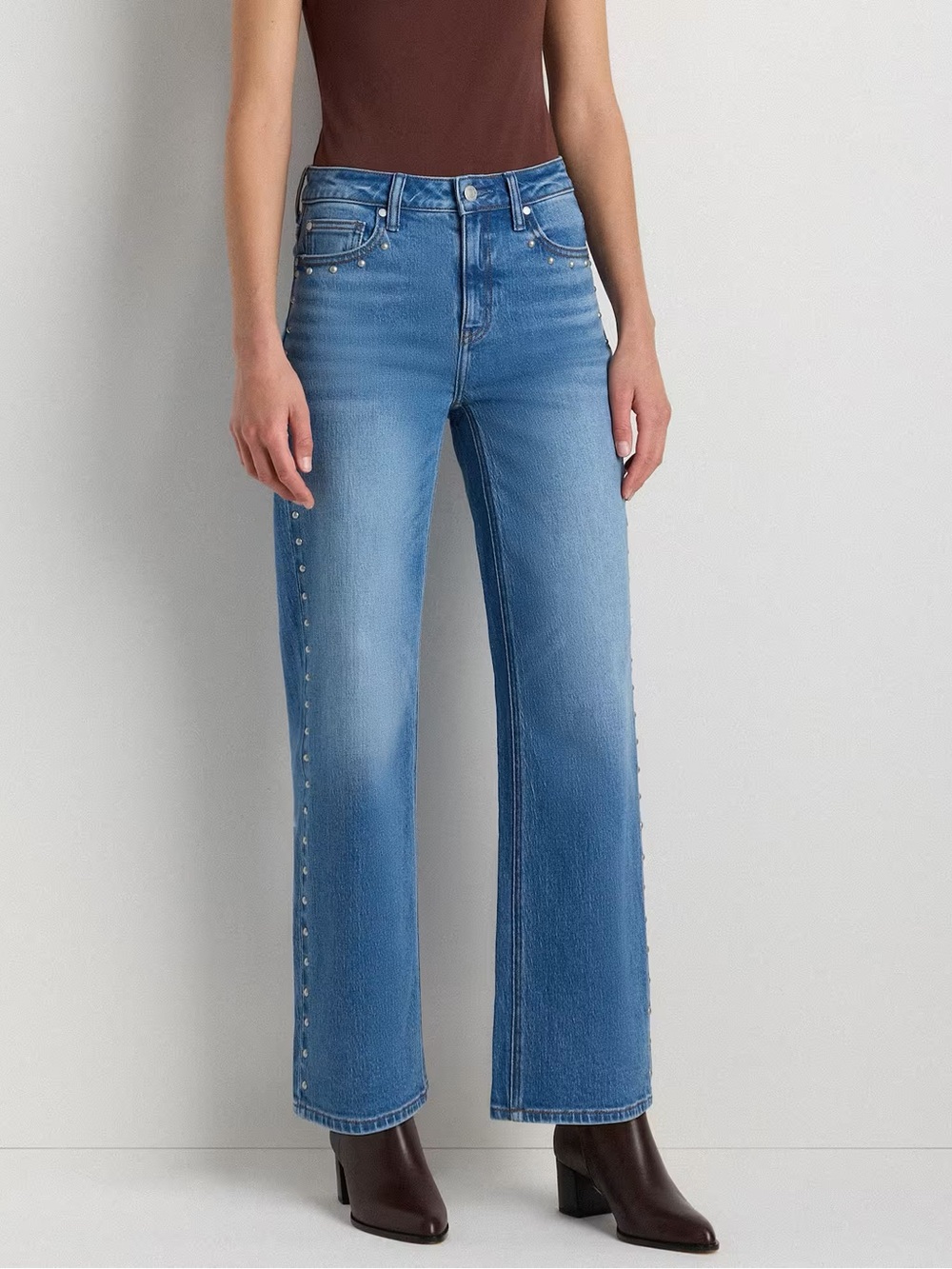 Quince Bella Stretch Studded Relaxed Straight Jeans High Atlantic Blue 25x28 Med
